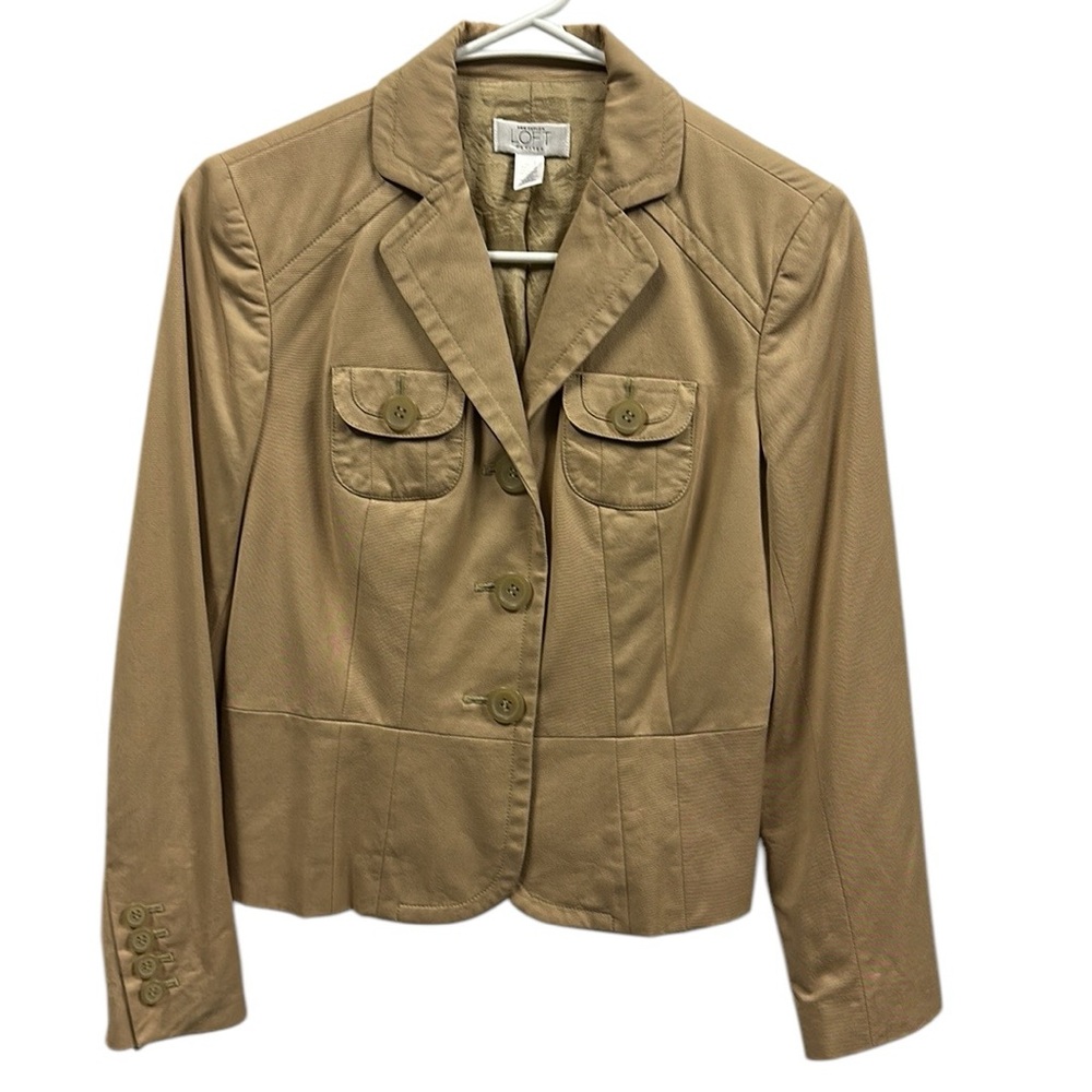 Ann Taylor Loft Khaki Tan Double Chest Pocket 3 Button Blazer Jacket Petite 2